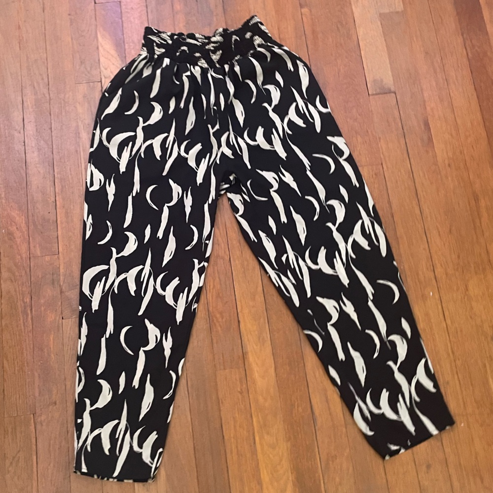 High Waisted Abstract Print Pants, Pomelo, Black And Light Yellow, L, Polyester